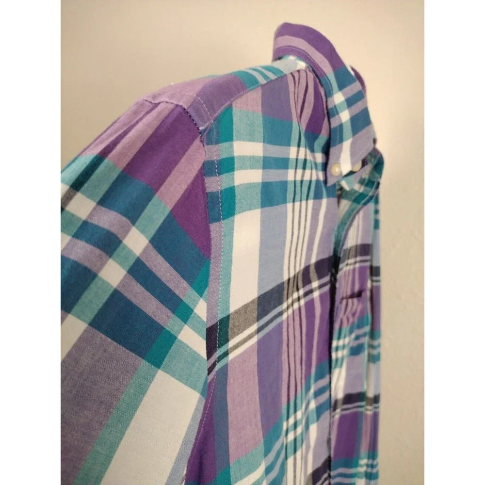 J.Crew Summer Plaid Shirt Mens Size S Purple Blue Long Sleeve Button Up